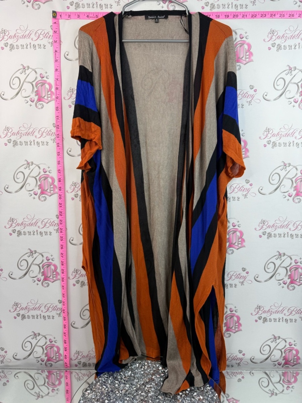 Sweet Rain cardigan Striped Open Front Duster in Rust, Royal Blue & Tan